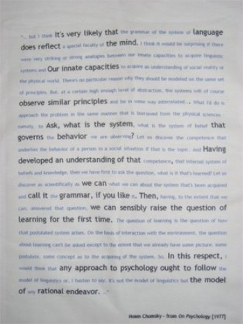 T-shirt with text from Chomsky and keywords highlighted to spell a message.
