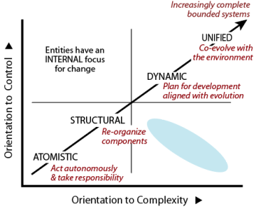 Entities on the evoluton-focused diagonal have an internal focus for change.