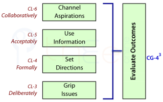 Evaluating outcomes f is based on channeling aspirations, using information, setting directions, and  gripping issues.